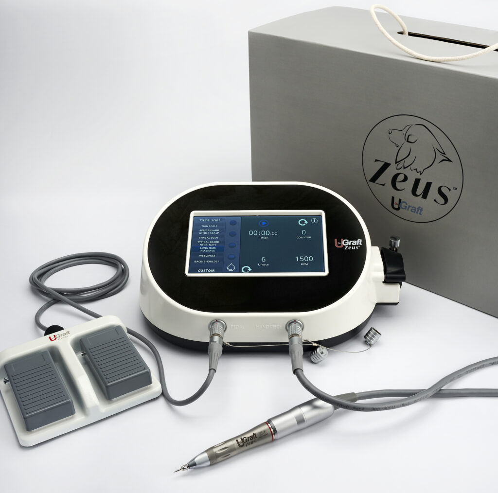 The UGraft Zeus is an all-purpose FUE device that allows body hair transplantation. 