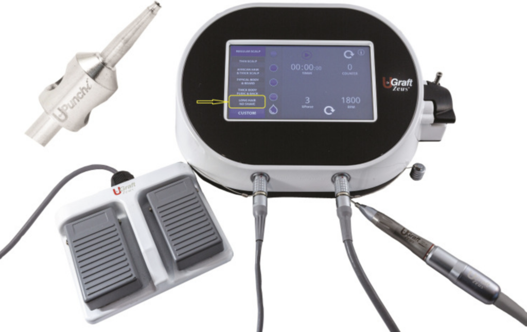 The UGraft Zeus is an all-purpose FUE technology  that allows for a seamless and successful no-shave long hair FUE hair transplantation. 