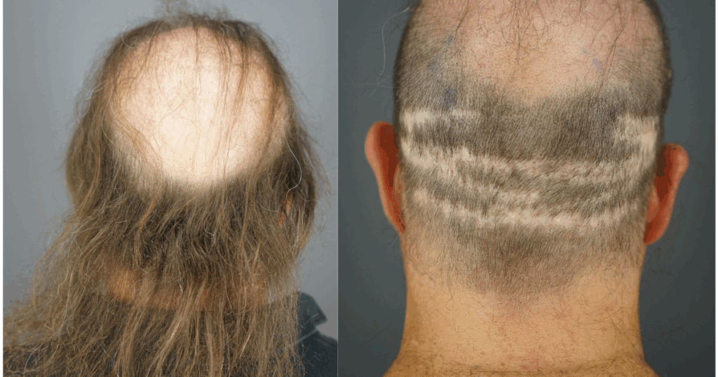 Despite multiple previous hair transplants, Jon remains significantly bald. Numerous visible scars from past surgeries highlight the depletion of his scalp donor supply.