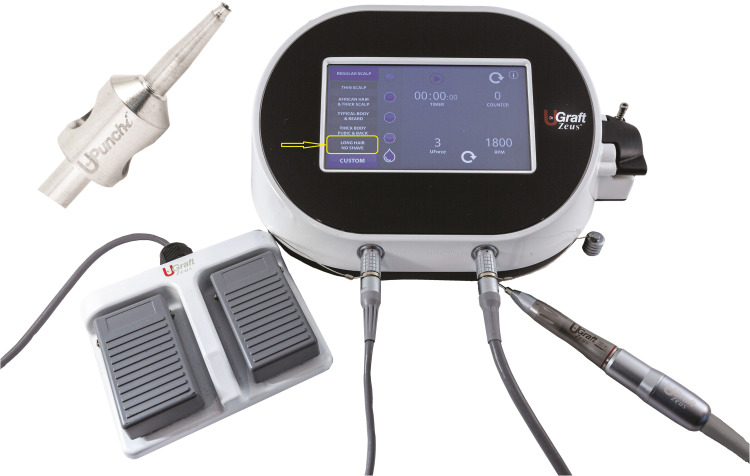 Dr.UGraft® Zeus™ Device, an all-purpose FUE device that performs long-hair FUE without recessed punches. The device dashboard includes presets categorized by skin and hair type and area.