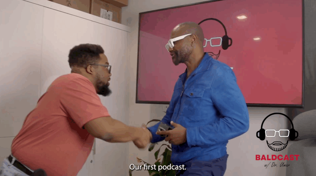 
Dr. Sanusi Umar and Adrian shake hands as they wrap up the first episode of The BaldCast on Adrian's Acne Keloidalis Nuchae