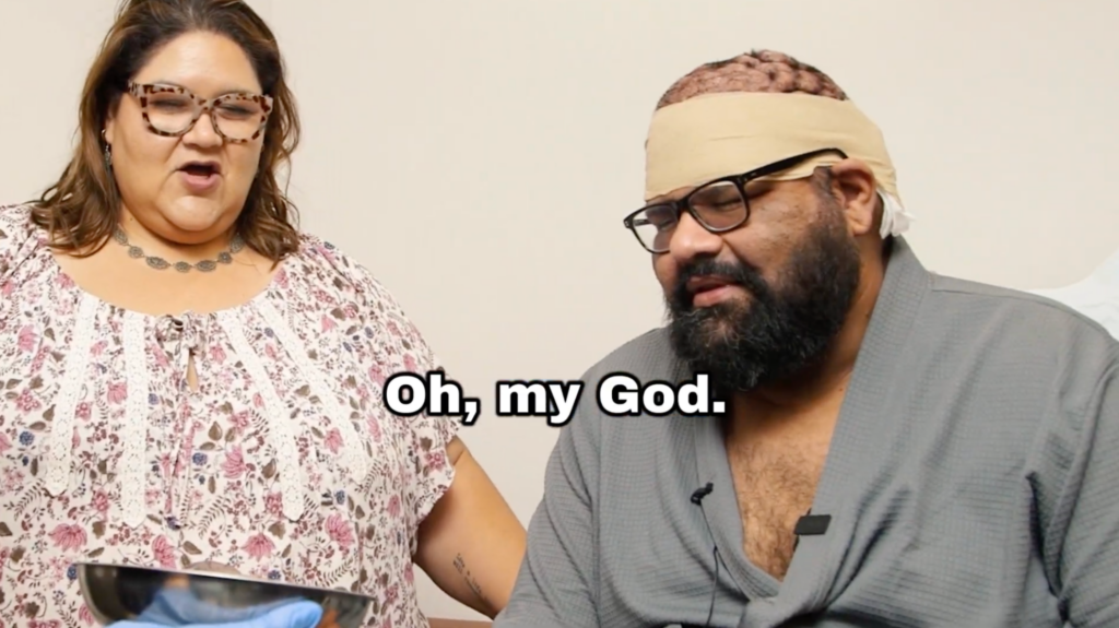 Dr. Sanusi Umar showed John and Cheyenne the removed diseased chunk of John’s scalp.