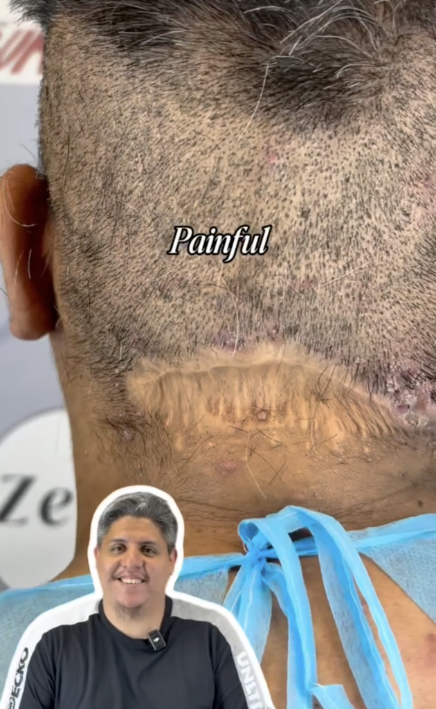 Rear view of closely cut hair and the lower hairline with visible skin changes and the word Painful.