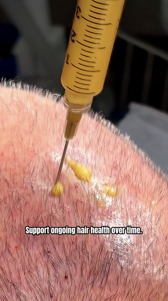 Close-up of a syringe needle at the scalp with short hairs visible around the treatment area.