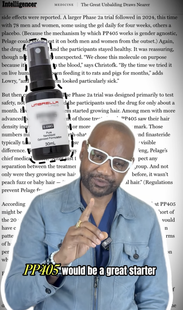 Dr. Sanusi Umar pointing upward beside a PP405 bottle graphic with an article page in the background.