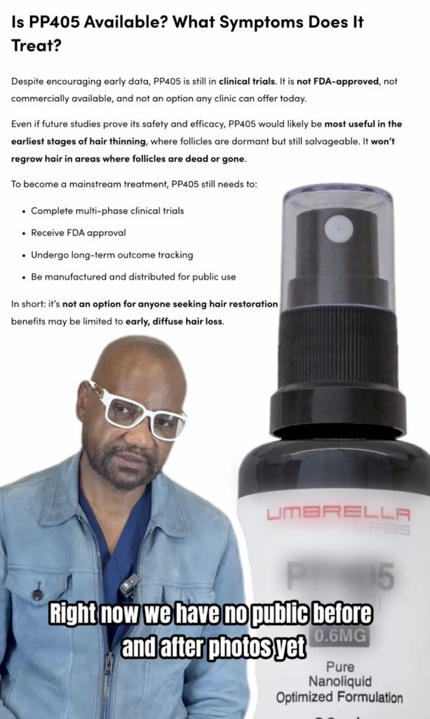 Dr. Sanusi Umar beside a large PP405 bottle graphic and text about PP405 clinical trials.