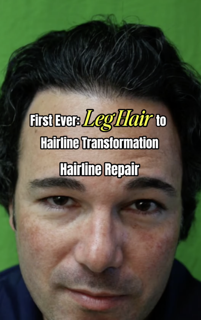 Close-up portrait of the patient with dark hair brushed back and text about leg hair to hairline transformation.