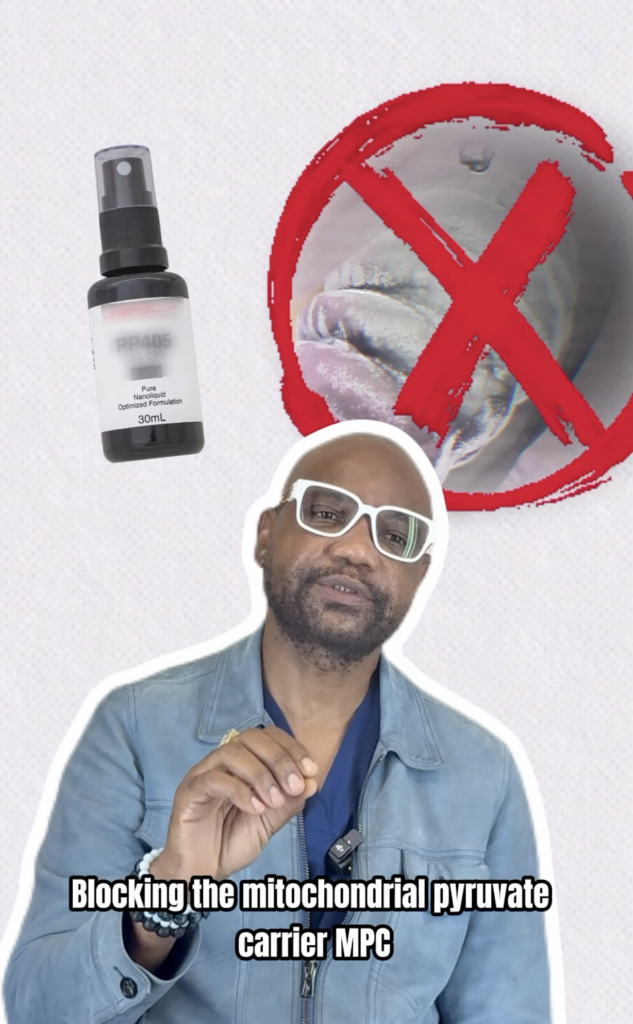 Dr. Sanusi Umar speaking beside a PP405 bottle graphic and an illustration marked with a red X.