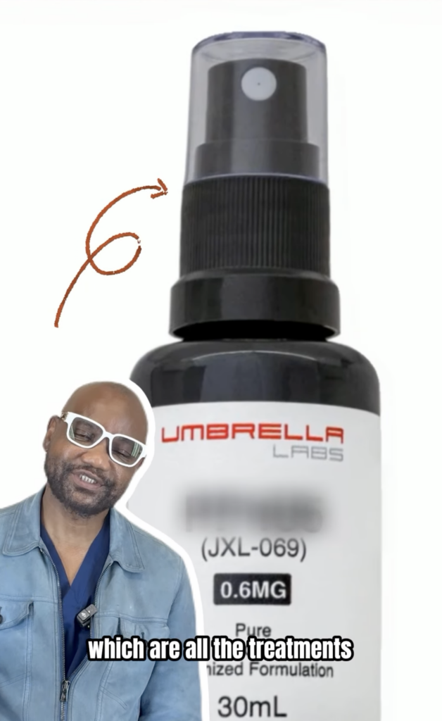 Close-up PP405 spray bottle graphic with Dr. Sanusi Umar pictured in the lower left.
