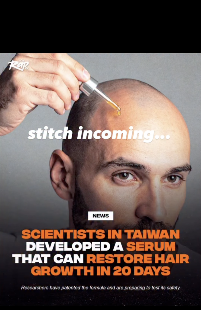 Bald man with a dropper above his scalp and text describing a Taiwan hair growth serum claim.