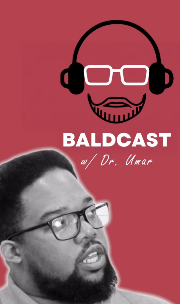 Baldcast graphic on a red background with the show logo and a black-and-white portrait of a man wearing glasses.