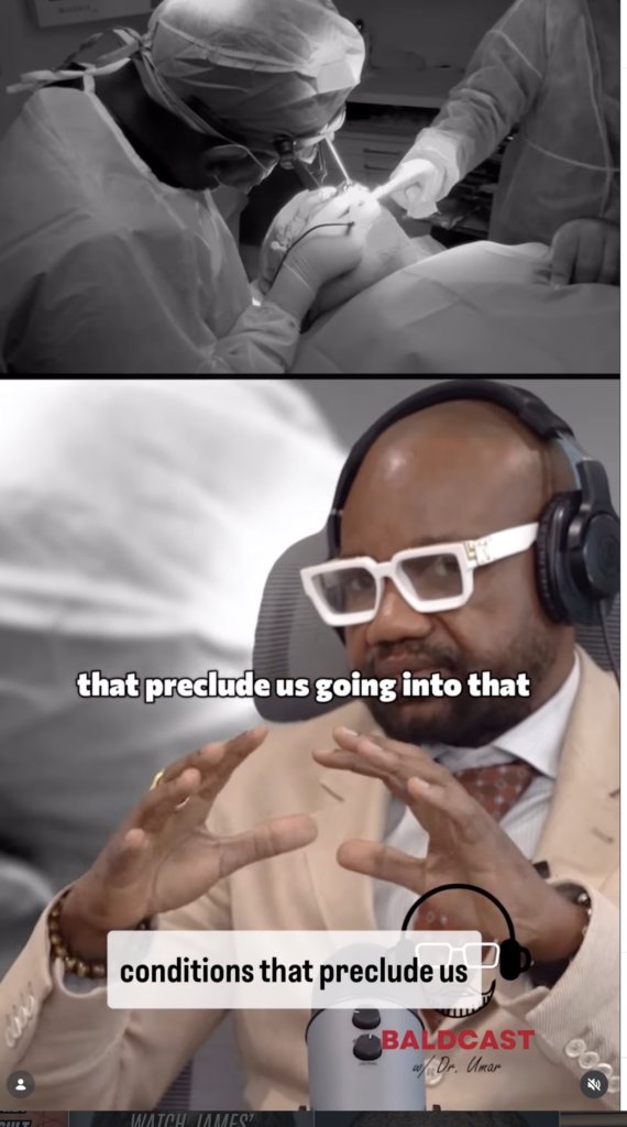 Split-screen frame showing a surgical procedure in black and white above Dr. Sanusi Umar speaking into a microphone below.