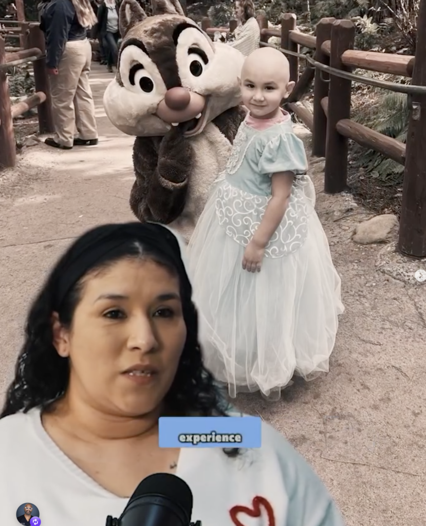 Mia, a bald child in a light-colored princess dress, stands beside a costumed chipmunk character at a theme park, with a woman overlaid in the foreground.