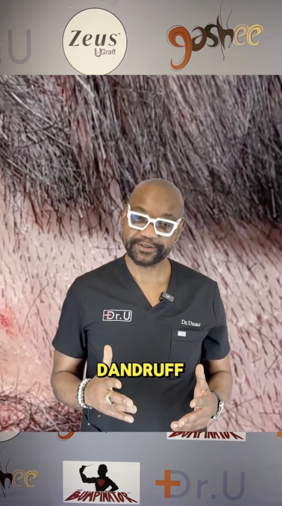 Dr. Sanusi Umar speaking in front of a close-up view of hair and scalp with the word “DANDRUFF” on screen.