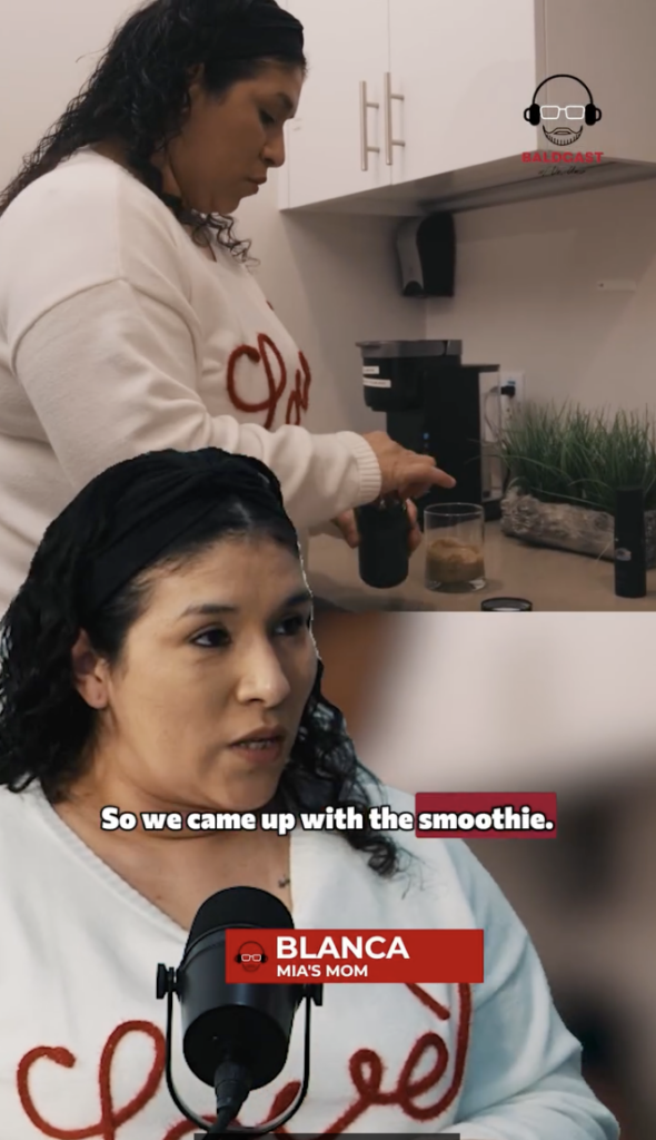Split-screen image of Mia’s mother preparing a drink in a kitchen and speaking into a microphone.