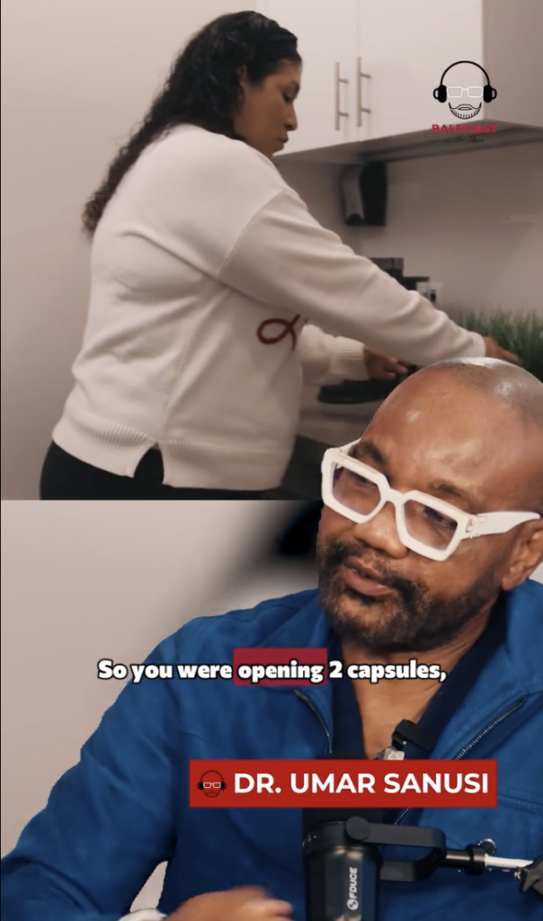 Split-screen image of Mia’s mother at a kitchen counter and Dr. Sanusi Umar speaking during the Baldcast interview.
