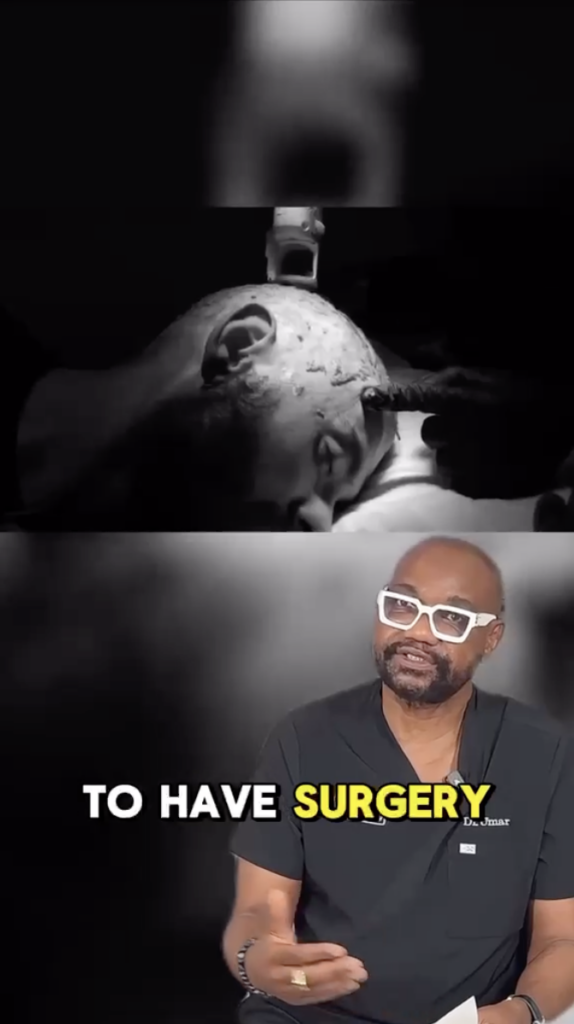 Dr. U in black scrubs speaking beneath a black-and-white clinical image of a scalp procedure.